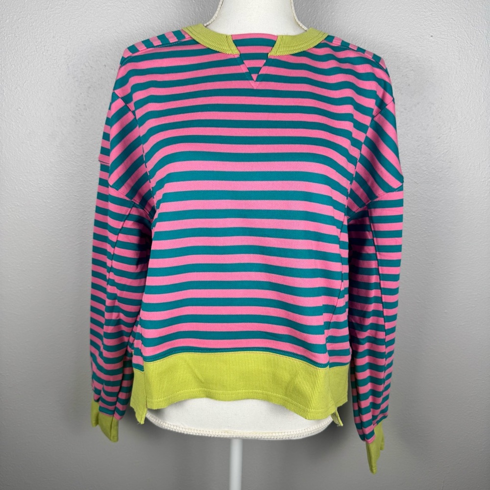 MEROKEETY Women’s S Pink Green Striped‎ Cropped Sweatshirts Oversized Crewneck